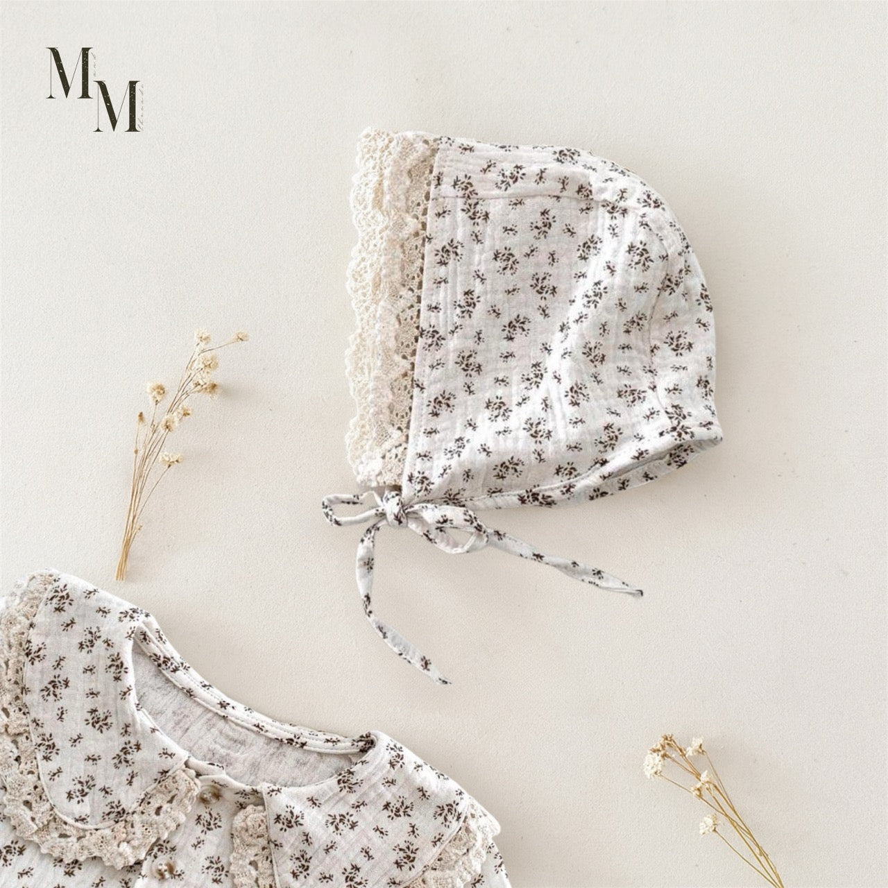 Floral Long Sleeve Romper with Matching Bonnet