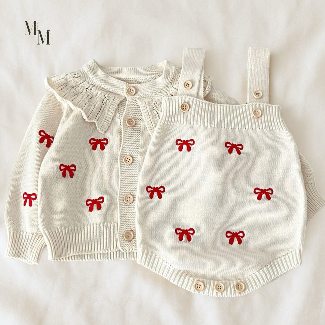 Red Bow Embroidered Knit Set