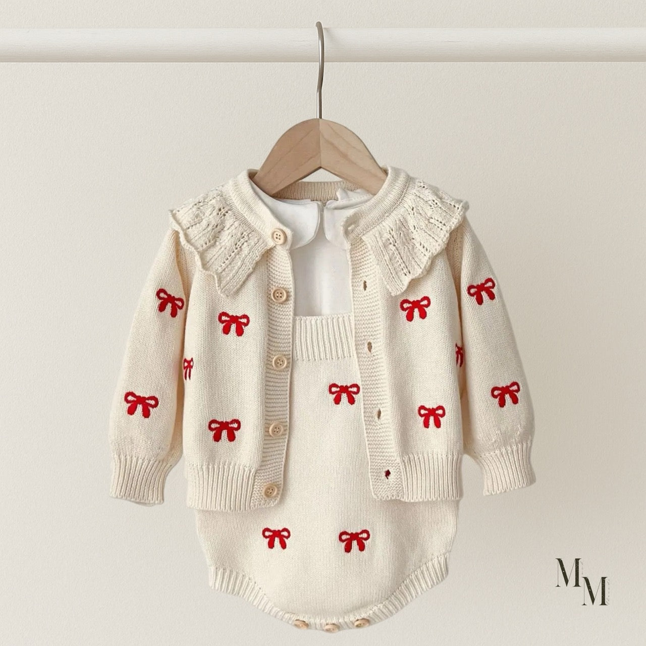 Red Bow Embroidered Knit Set